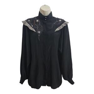 Vintage 90s Black Silk Blouse Beaded Rhinestone Western Glam Yoke Women’s S/M